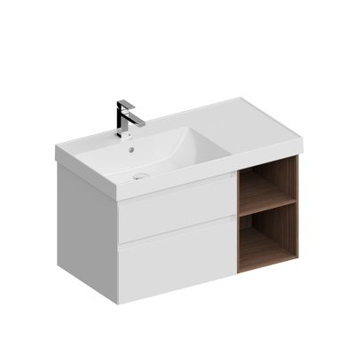 Тумба Cubo/Кубо левая подвесная с ящиками 90, белая матовая-древесная