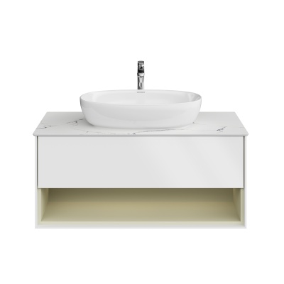 Тумба Plaza Modern/Плаза Модерн подвесная 100, нажимное открывание, 1 ящик, подсветка, белая матовая+шалфей Тумба Plaza Modern/Плаза Модерн подвесная 100, нажимное открывание, 1 ящик, подсветка, белая матовая+шалфей