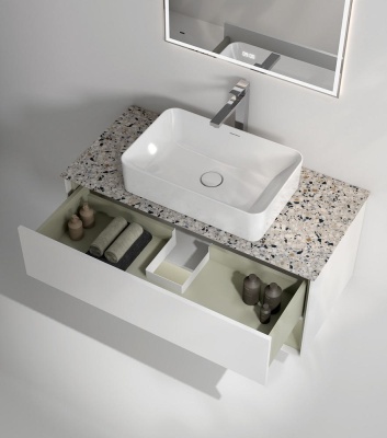 Тумба Plaza Modern/Плаза Модерн подвесная 100, нажимное открывание, 1 ящик, подсветка, белая матовая+шалфей Тумба Plaza Modern/Плаза Модерн подвесная 100, нажимное открывание, 1 ящик, подсветка, белая матовая+шалфей