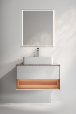 Тумба Plaza Modern/Плаза Модерн подвесная 80, нажимное открывание, 1 ящик, подсветка, белая матовая+сахара