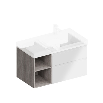 Тумба Cubo/Кубо правая подвесная с ящиками 90, белая матовая-древесная