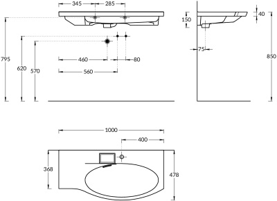 Раковина RIVA мебельная правая с крепежом 100, белая глянцевая