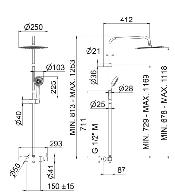 Душевая колонна NOTA на 2 потока с механическим смесителем с ручным душем на 5 режимов, хром